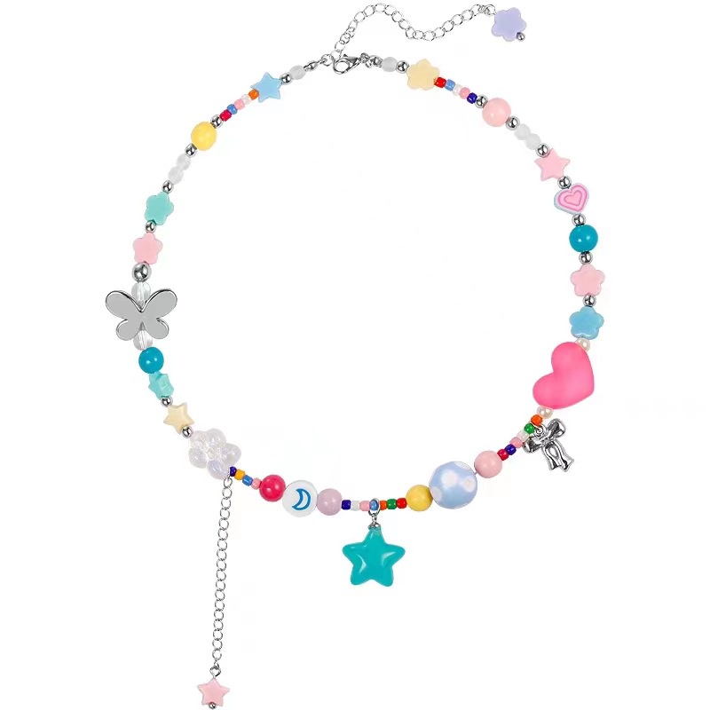 Super Cute~ Warna-Warni Bunga Cinta Manik-Manik Kalung Perempuan Kartun Manis Segar Manis Gadis Gadis Musim Panas Klavikula Rantai