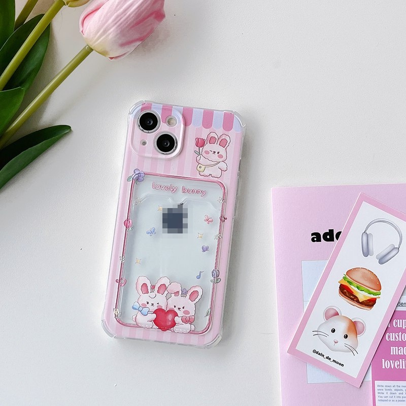 Card Case Bunny Love Soft Case HP iP iPhone 14 13 12 11 Pro X XS XR Max 7 8 + Plus Pink FTD Casing Apple