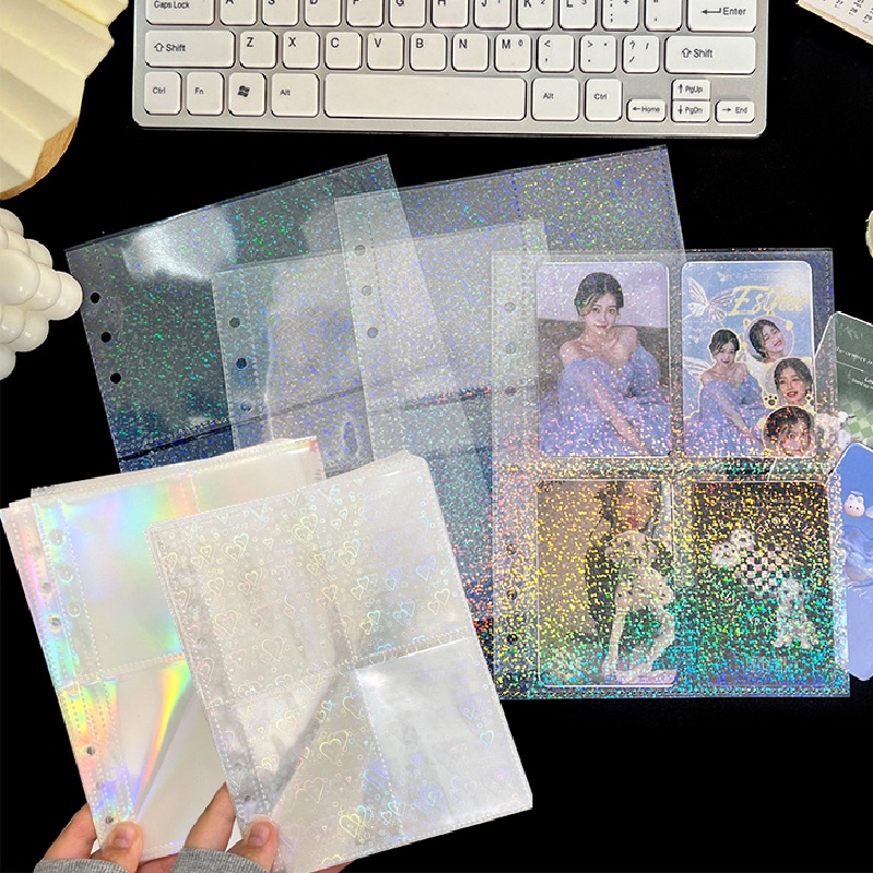 10pcs /set A5 Laser Binder Inside Page Heart/Flower/Star Photocard Sleeves Album Halaman Isi Ulang 4kisi Penyimpanan Koleksi Kartu Lomo