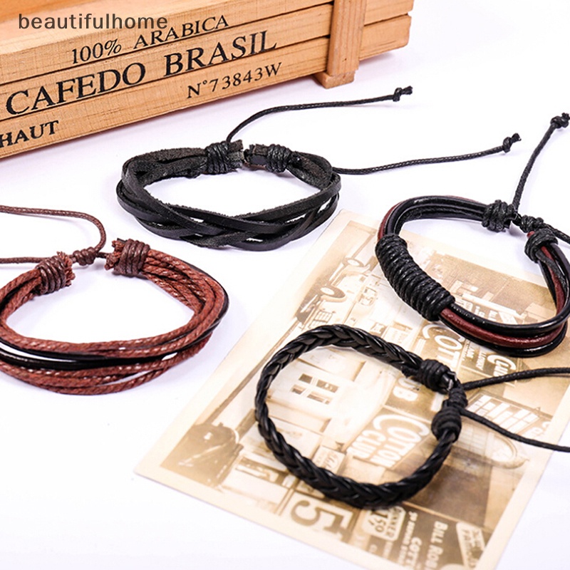 {beautifulhome} 4pcs Mens Handmade Kulit Braided Surfer Wristband Gelang Bangle Bungkus.