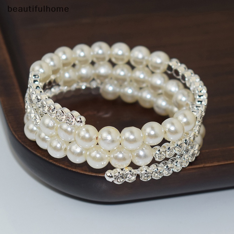 {beautifulhome} Gelang Mutiara Imitasi Kristal Elegan Multilayer Gelang Mutiara Stretchable Pearl Bracelet Untuk Wanita Hadiah Perhiasan Pengantin.