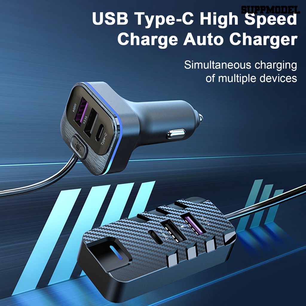 [SM] Car Charger 6port 5V 3.1A 66W Jok Depan Belakang Lampu Warna Warni Kabel Panjang 1.5m Universal USB Type-C Fast Charge Otomotif Charger Perlengkapan Kendaraan