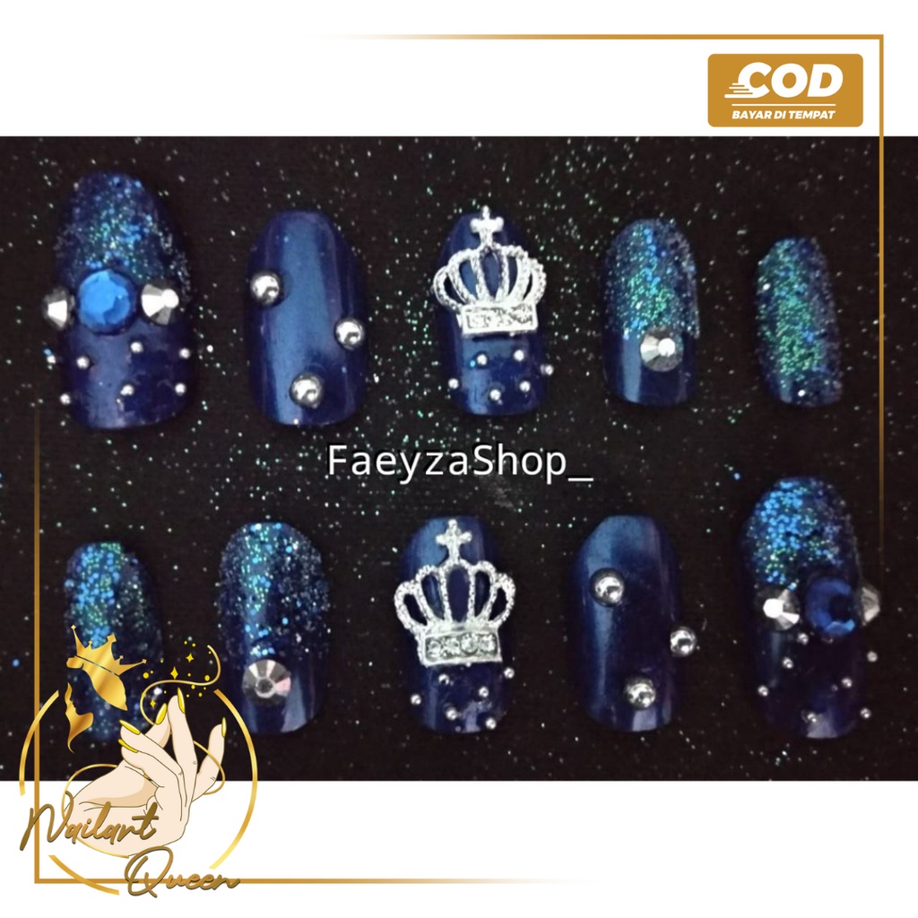 10pcs kuku palsu Navy Glitter handmade