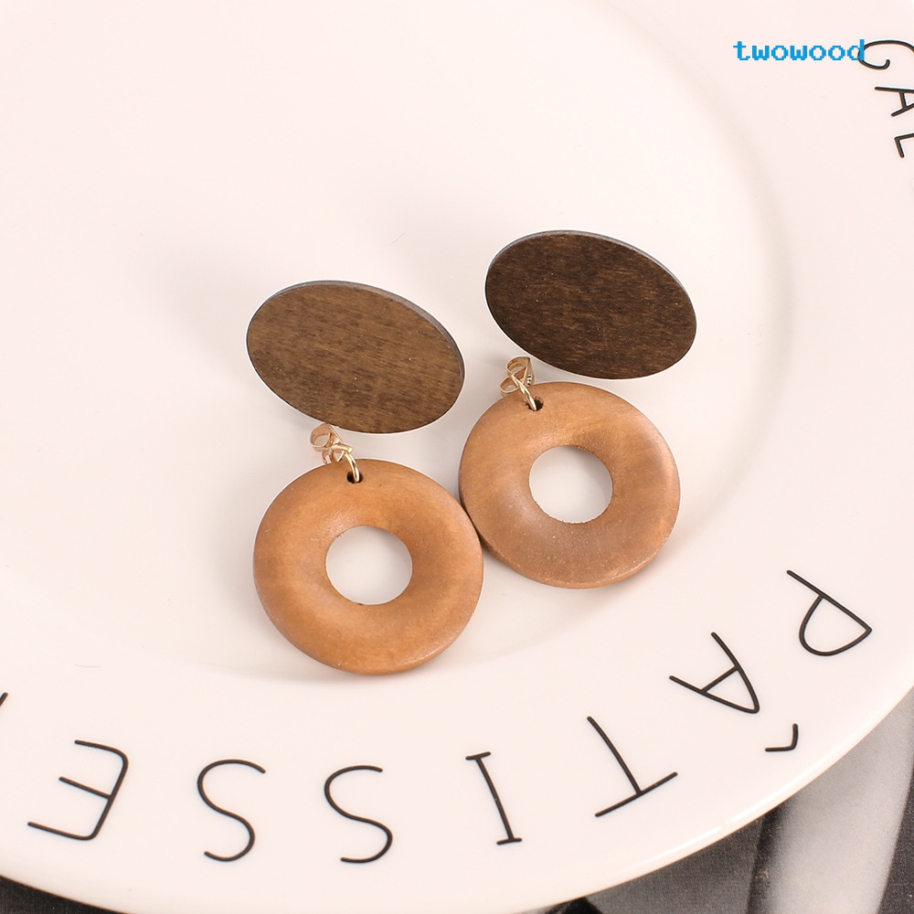 Twowood Fashionable retro wooden earrings fashion Wanita all-match oval ring log earrings Kepribadian Anting Panjang