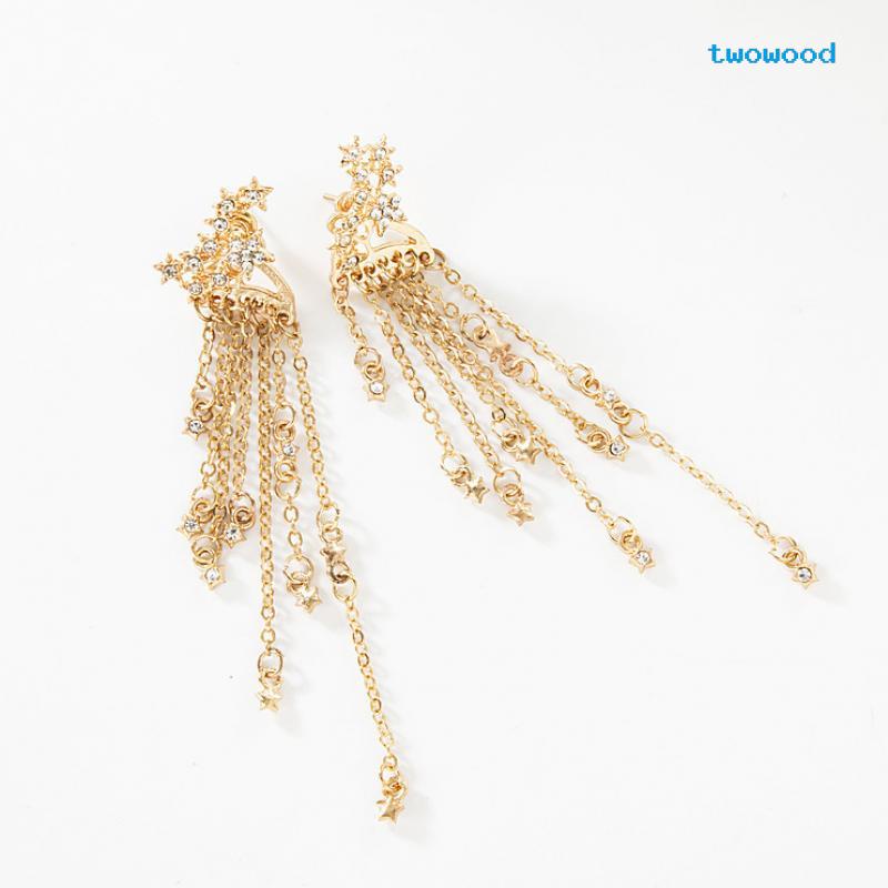 Twowood Perhiasan Fashion Panjang Bintang Bersinar Rumbai Belakang Gantung Anting Earrings Wanita