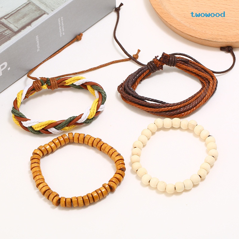 Twowood Retro Tenun Tangan diy Empat Potong Gelang Kulit Sederhana Tali Rami Tali Tangan