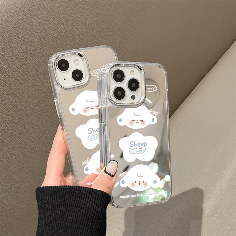 IPHONE Casing Ponsel Cermin Awan Domba Lucu Kompatibel Untuk Iphone11 12 13 14 12Pro 13Pro 14Pro Pro Max XR X XS Max Electroplating Tombol Perlindungan Mirror Cover