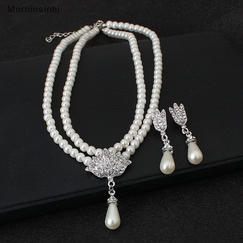 Mornin Elegan Simulasi-Mutiara Set Perhiasan Pengantin Berlian Imitasi Pearl Drop Kalung+Anting Pernikahan Perhiasan Hadiah id