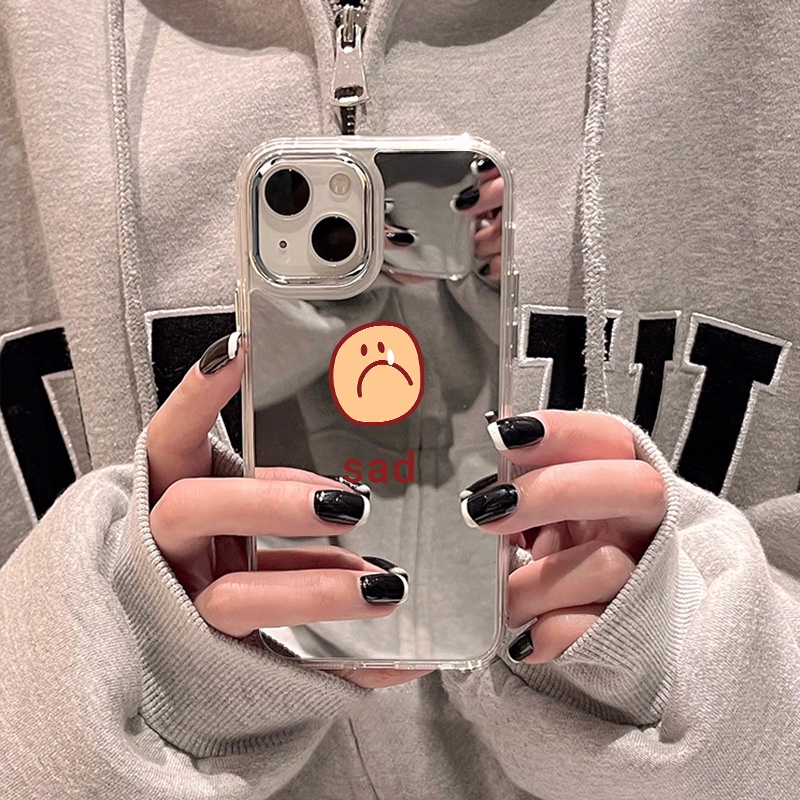 IPHONE Sad Emoji Mirror Phone Case Kompatibel Untuk Iphone11 12 13 14 12Pro 13Pro 14Pro Pro Max XR X XS Max Electroplating Tombol Perlindungan Mirror Cover