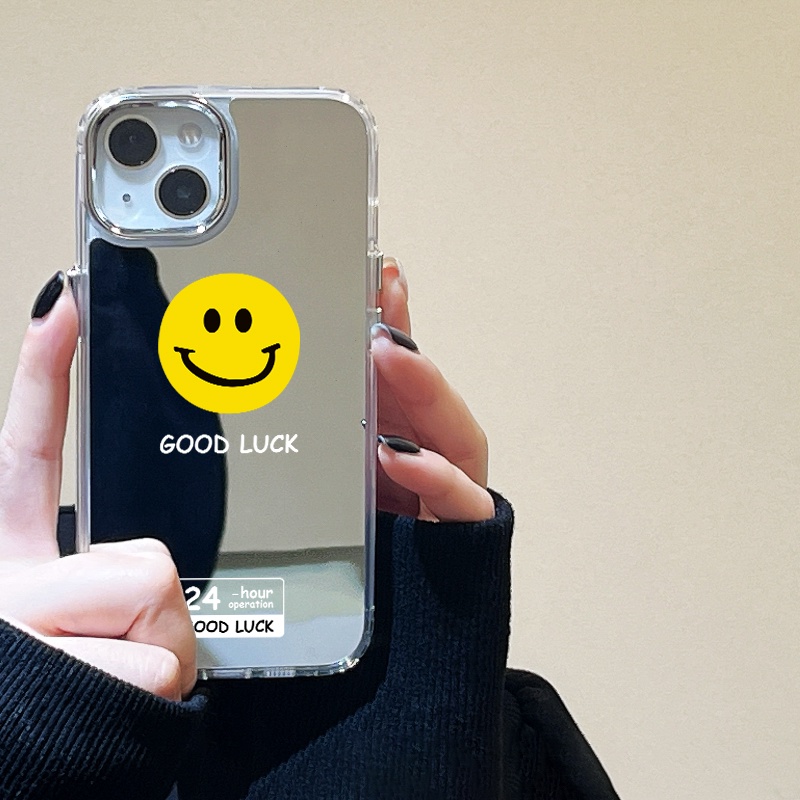IPHONE Good Luck Smile Emoji Mirror Phone Case Kompatibel Untuk Iphone11 12 13 14 12Pro 13Pro 14Pro Pro Max XR X XS Max Electroplating Tombol Perlindungan Mirror Cover