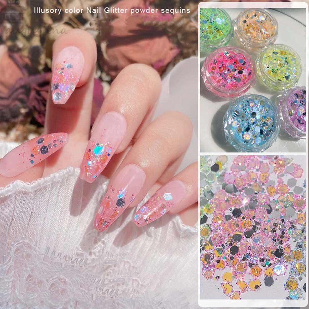 AUGUSTINA Agustina Hologram Kuku Decals Fashion Sparkly Nail Art Dekorasi Manicure Musim Panas Hexagon Nail Paillette