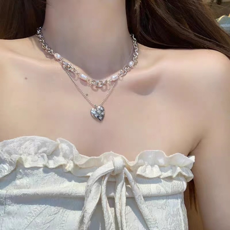 Trendy ins~Double Layered French Shaped Pearl Necklace Female Cahaya Mewah Niche Cinta Hati Liontin All-Match