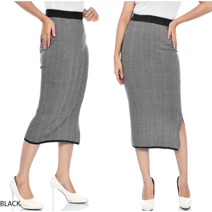 (RJ280) Slit midi knit skirt motif / rok midi wanita