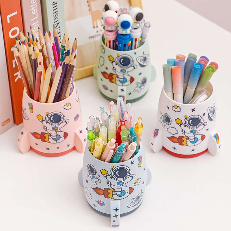 Kreatif Kartun Roket Pen Holder Desktop Kapasitas Besar Kotak Organizer Alat Tulis Dengan Stiker