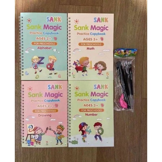 BOP SANK MAGIC BOOK 3D BUKU EDUKASI ANAK BELAJAR MENULIS UNTUK TK PAUD ANGKA &amp; HURUF / BUKU AJAIB / MAGIC PRACTICE BOOK 1 SET ISI 4 BUKU + PEN + REFILL + HOLDER PENA