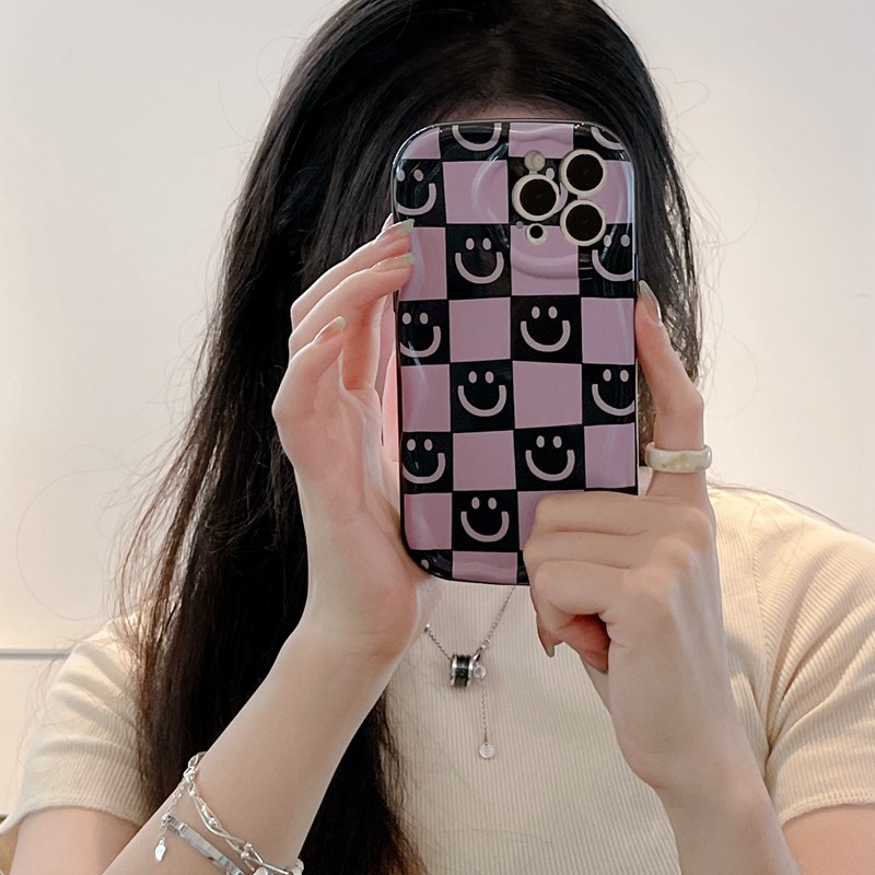 Cream Casing Purple Lattice Smile Soft Case HP iP iPhone 6 6S 7 8 14 + Plus SE 2020 2022 X XS XR 11 12 13 Pro Max Girl Woman