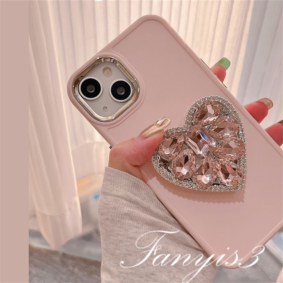 Compatible For iPhone 14 13 12 11 Pro Max X XR Xs Max 8 7 Plus Kompatibel Untuk Pink Kristal Love Phone Case Lembut Cover Pelindung Dengan Bracket