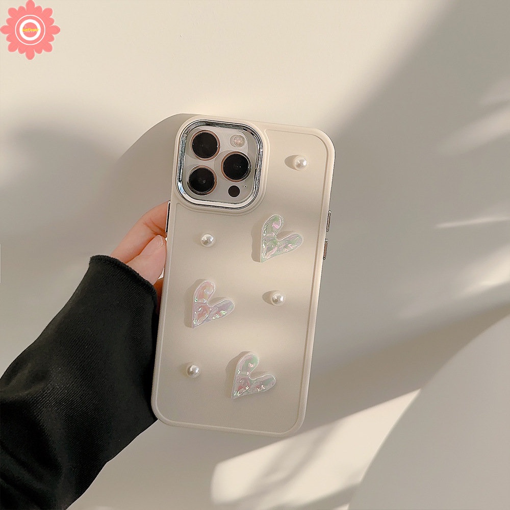 3D Pearl Romantic Love Heart Electroplate Case Compatible for IPhone 11 13 14 12 Pro Max 7plus 8plus XR X 7 8 14 Plus XS MAX Luxury Solid Color Plating Shockproof Soft Case