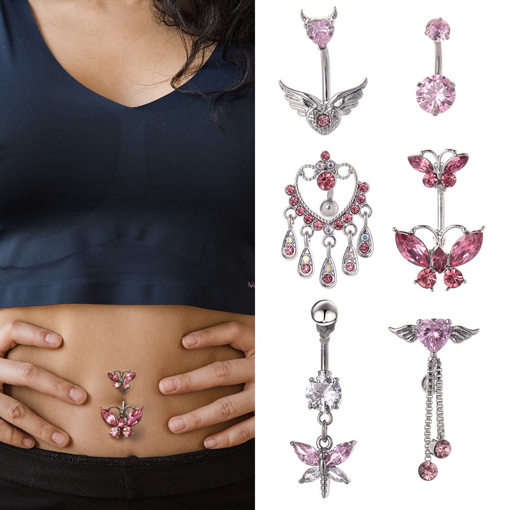 [Hot Sale] Angel Wings Belly Button Rings Fashion Y2K Cinta Cincin Perut Wanita Gadis Stainless Steel Tubuh Perut Bar Tindik Zirkon Perhiasan Kepribadian