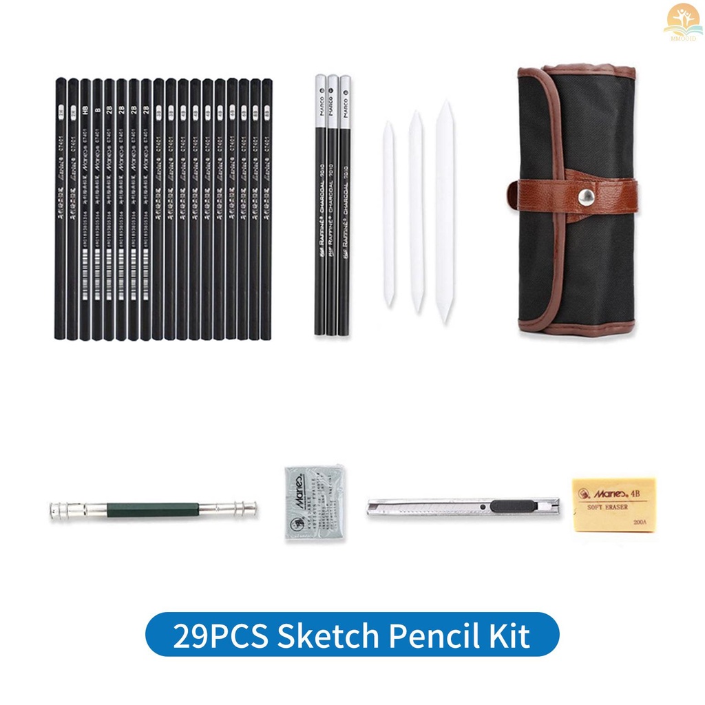 In Stock 29PCS Set Pensil Menggambar Sketsa Arang Pensil Seni Profesional Perlengkapan Seni Dengan Tas Kantong Penyimpanan Potrait Alat Gambar Hadiah Besar Untuk Pelajar Dewasa Pemula Dan