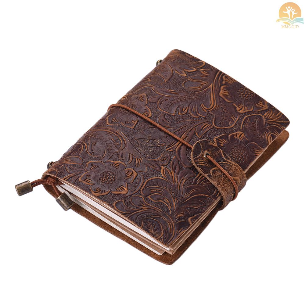 In Stock Vintage Full Grain Leather Refillable Travel Journal Notebook Diary Motif Bunga Timbul Harian Notepad Cover Dengan Tali Elastis Untuk Pria &amp; Wanita Hadiah