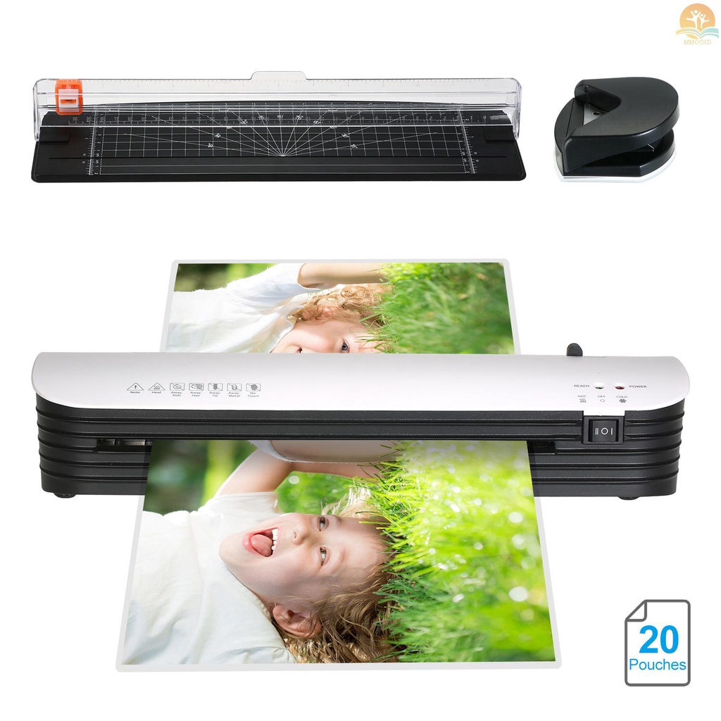 In Stock SL299 Set Mesin Laminator Ukuran A4 Laminasi Panas Dan Dingin 2sistem Rol Dengan 20kantung Laminating Pemotong Kertas Corner Rounder Tombol ABS Untuk Rumah Kantor Sekolah Suppli