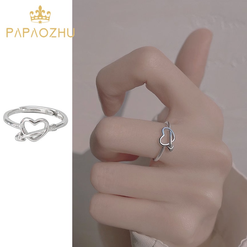 Papaozhu Korea s925 Perak Panah Melalui Jantung Cincin Untuk Wanita Gadis Halus Cinta Rings Fashion Jari Perhiasan Hadiah