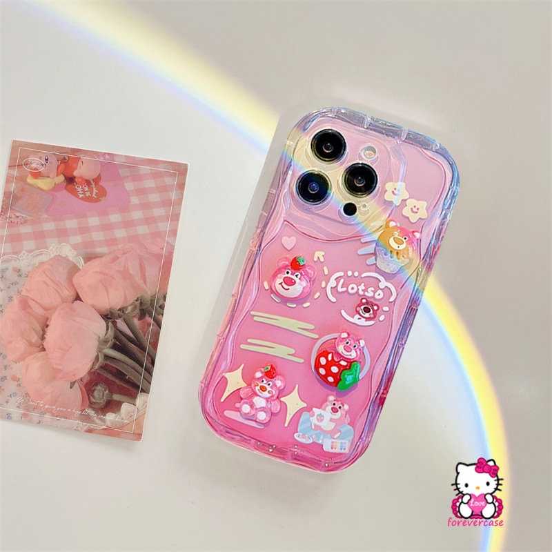 Cartoon 3D Wavy Curved Edge Soft Glossy Case Compatible for iPhone XR XS X Max 11 13 12 14 Pro Max 7Plus 8 6 6s 7 Plus SE 2020 3D Cute Doll Strawberry Bear Lotso Phone Cover