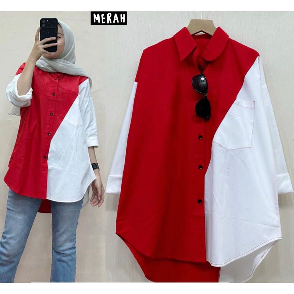 KEMEJA MERAH WANITA EDISI 17 AGUSTUS TAHUN 45 - KEMEJA KEMERDEKAAN WANITA MERAH PUTIH