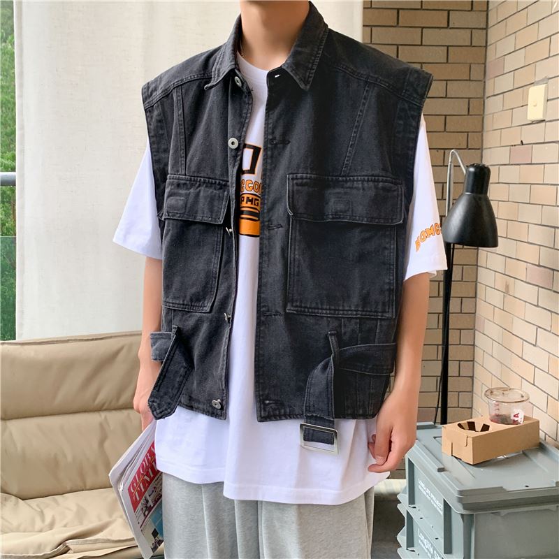 Polo collar denim vest men's summer work jacket trend vest