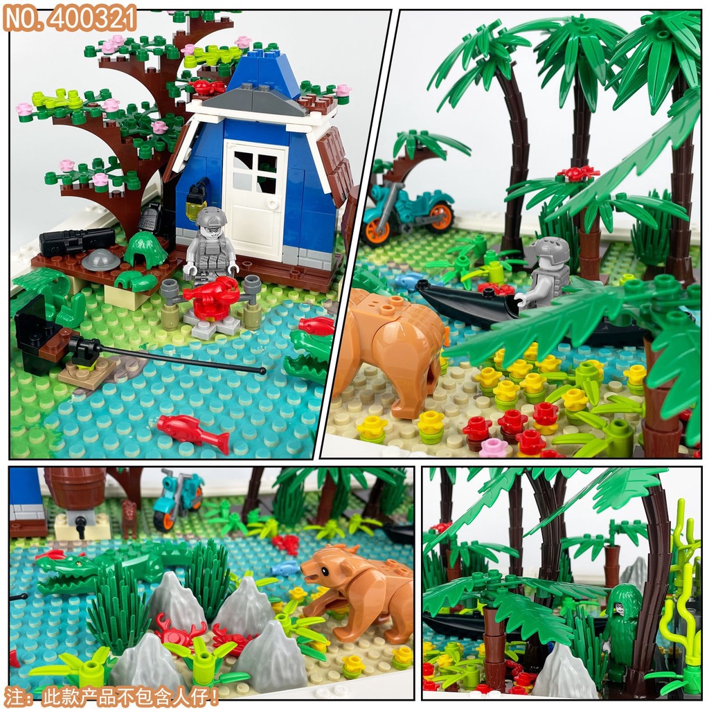 Kreatif Blok Bangunan Seri Belantara Survival Scene Hewan Tas Aksesoris Buaya Beruang DIY Scene Building Block Mainan