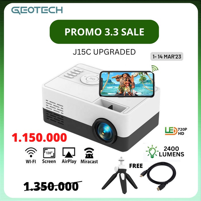 NEW  Projector GEOTECH J15C Mini Proyektor LED Portabel 50 Ansi - Upgrade 720P