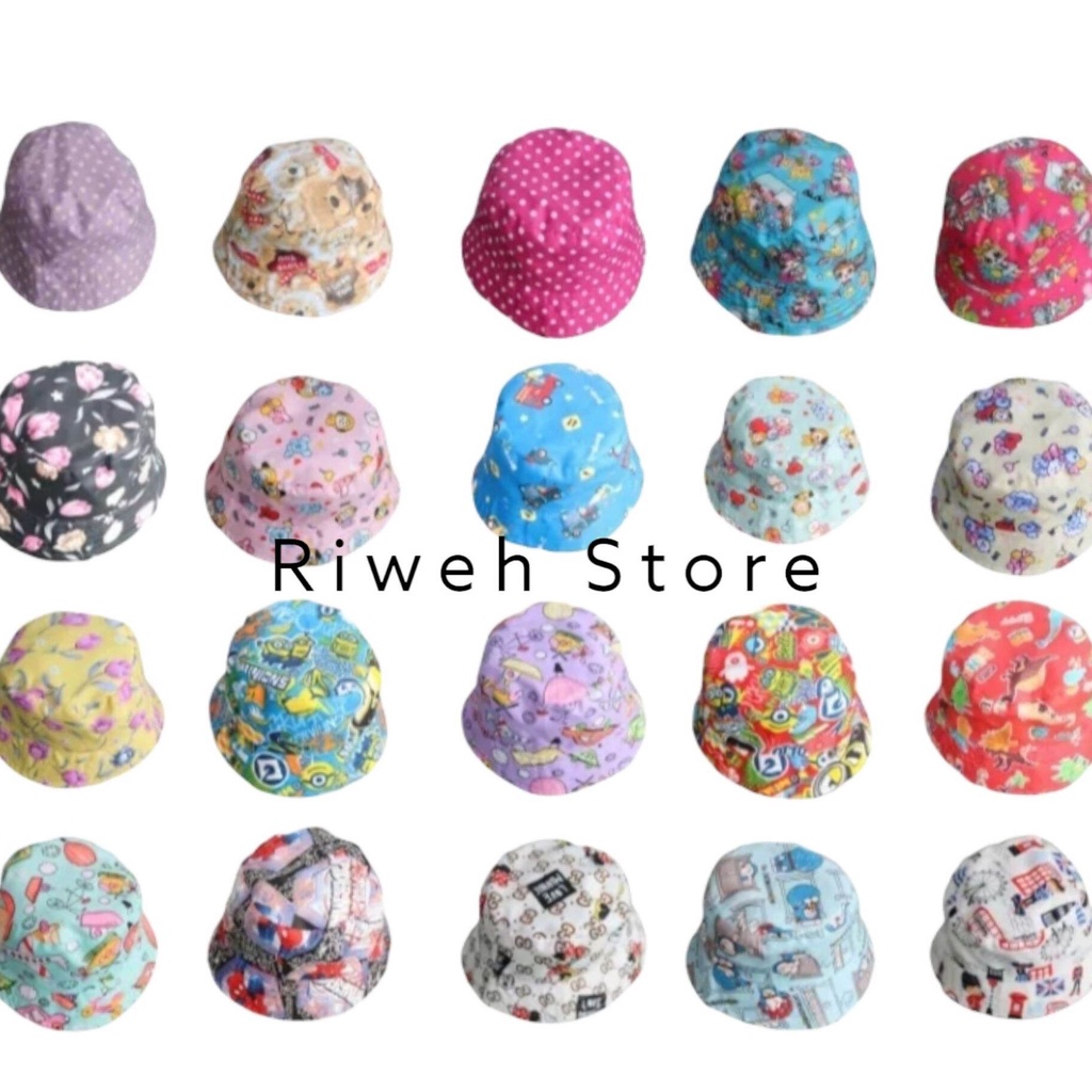 Topi Bucket Hats Pake Tali Stoper Terbaru Motif Gambar Sablon Bordir Fashion Anak Cowok Cewek Unisex