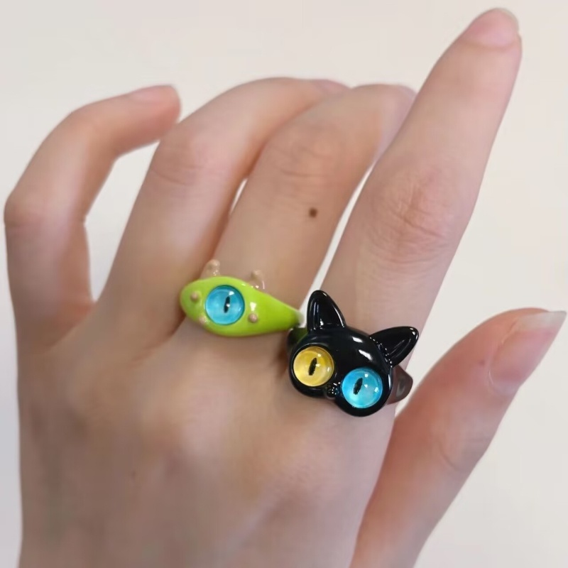 Cincin Monster Kecil Kucing Hitam Lucu Mata Besar Manis Keren Kartun Lucu Pacar Pasangan Cincin Hadiah Perhiasan