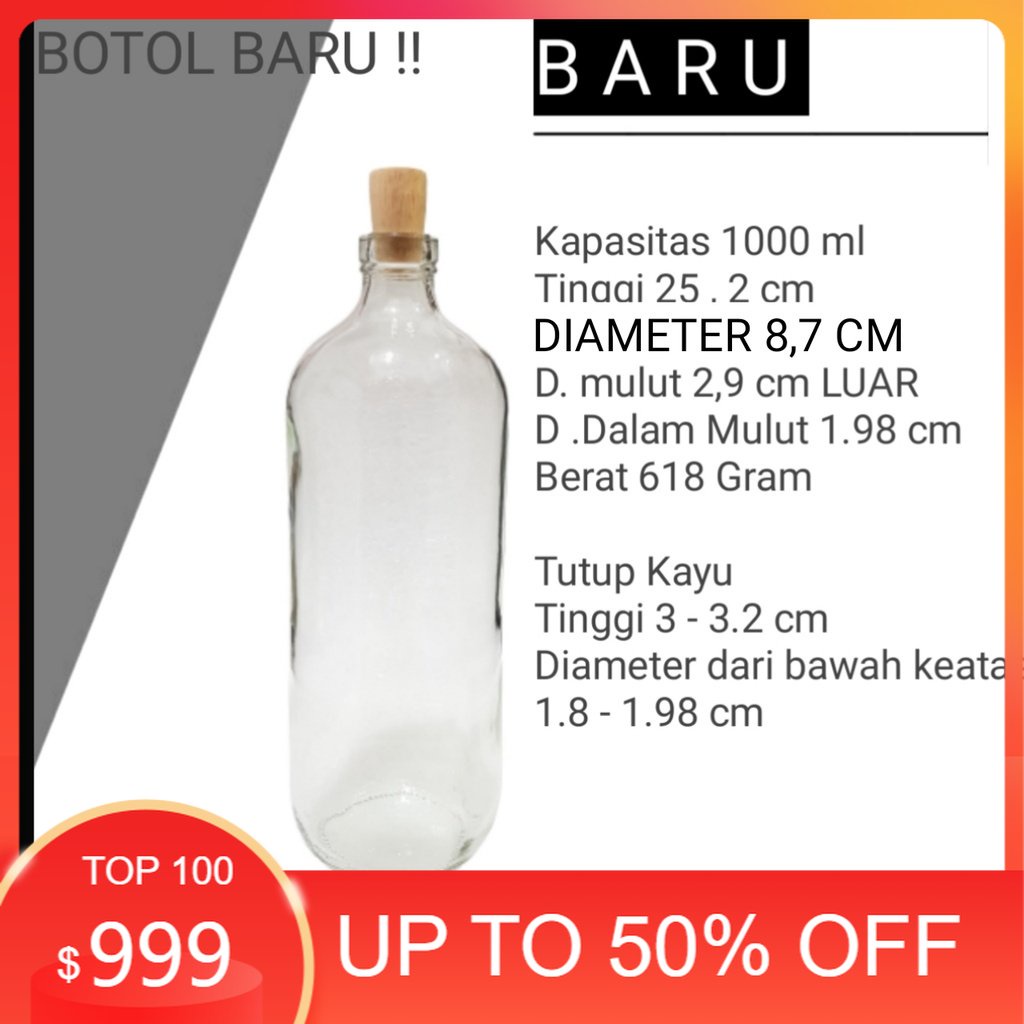 Botol Kaca Baru 1 Liter + Tutup plug / Botol Bensin 1 liter + tutup / BOTOL JUS JAMU 1 LITER  KACA
