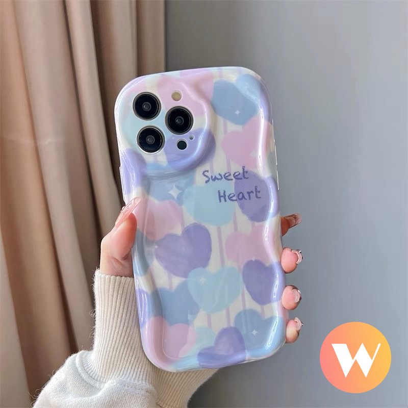 IPHONE Shockproof Airbag Glossy Case Kompatibel Untuk Iphone11 13 12 14 Pro Max7 8 6s 6 Plus X XR XS Max SE 2020 Ins Lukisan Minyak Cinta Hati 3D Wavy Curved Edge Soft Tpu Cover