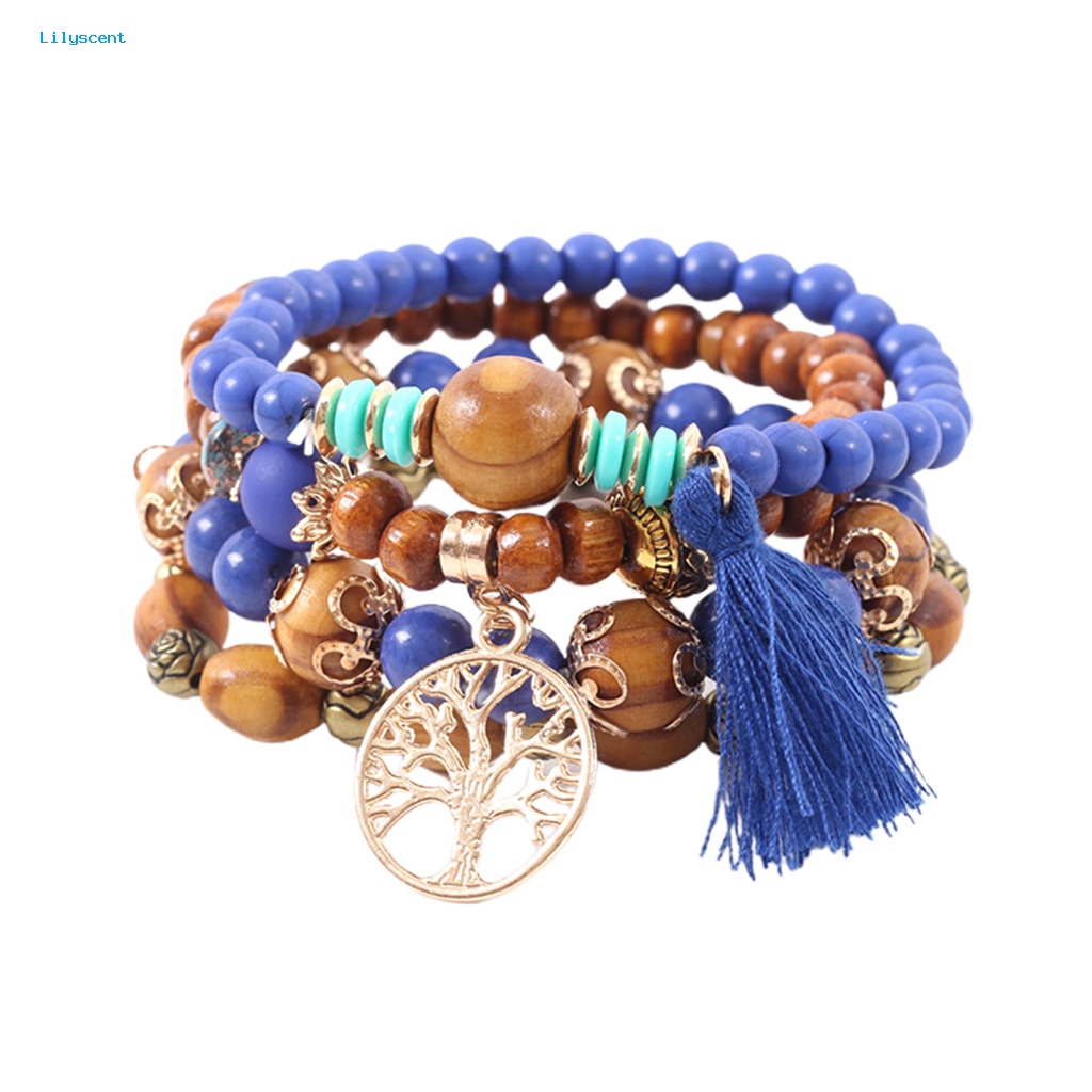 Lilyscent 4 Pcs Unisex Fashion Manik-Manik Kayu Rumbai Untai Bangle Gelang Perhiasan Hadiah