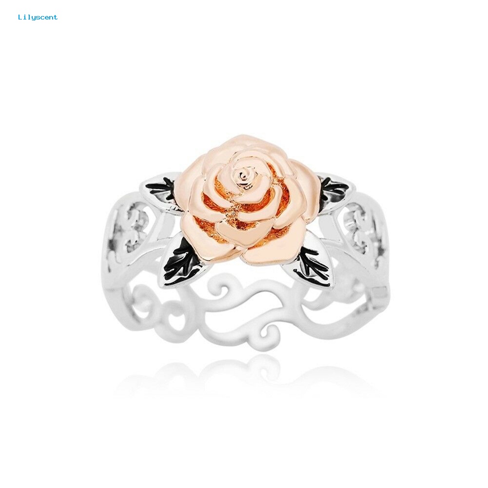 Lilyscent Elegan Two Tone Wanita Bunga Mawar Berongga Band Jari Cincin Pernikahan Perhiasan Hadiah