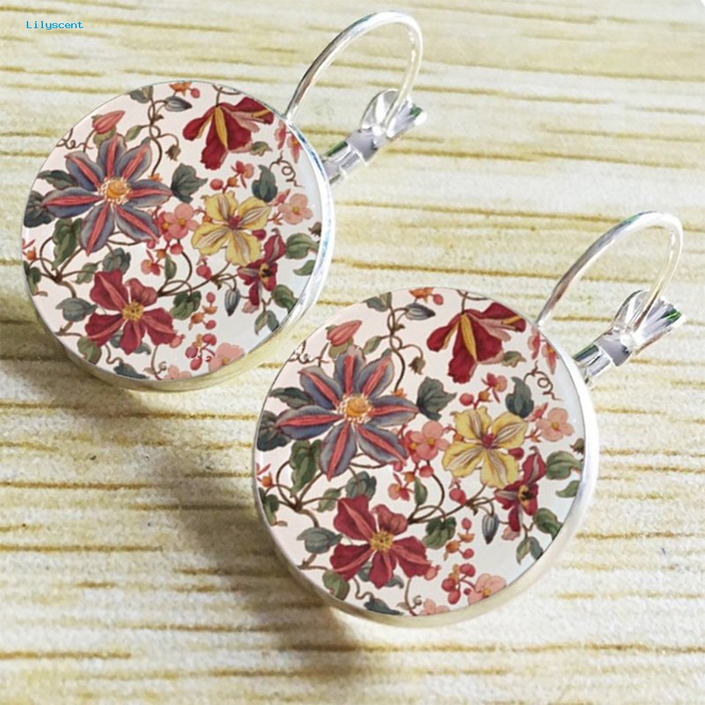 Lilyscent Vintage Bunga Dicetak Liontin Bulat Wanita Leverback Earrings Perhiasan Pesta