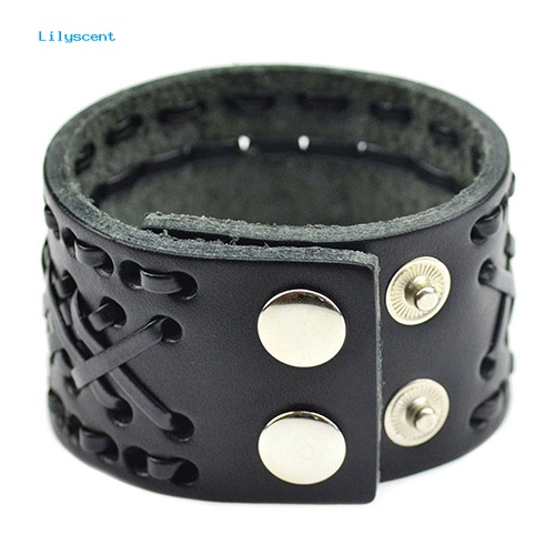 Lilyscent Pria Wanita Punk Kepang Faux Kulit Lebar Manset Gelang Kancing Gelang Bangle