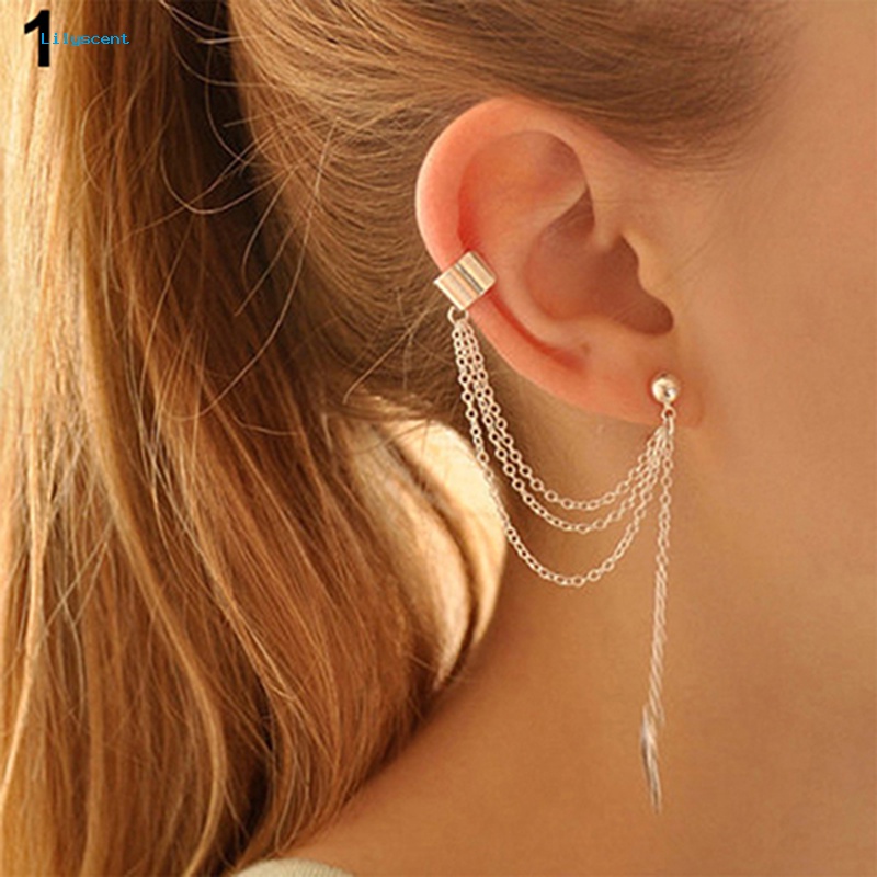 Lilyscent 1Pc Punk Jumbai Rantai Daun Ikan Salib Pesona Telinga Stud Cuff Earring Perhiasan Hadiah