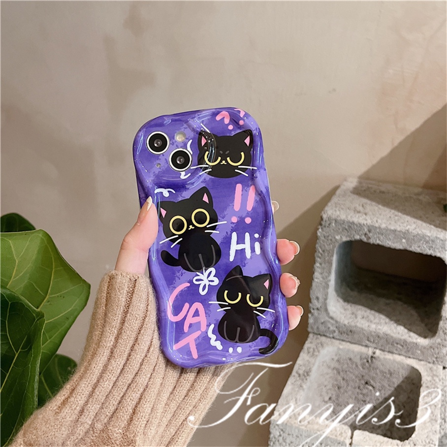 Compatible For IPhone 14 13 12 11 Pro Max X XR Xs Max 8 7 6s Plus SE 2020 Kompatibel Untuk Lucu Kucing Hitam Ungu Gelombang Casing Ponsel TPU Silicon Lembut Cover Pelindung