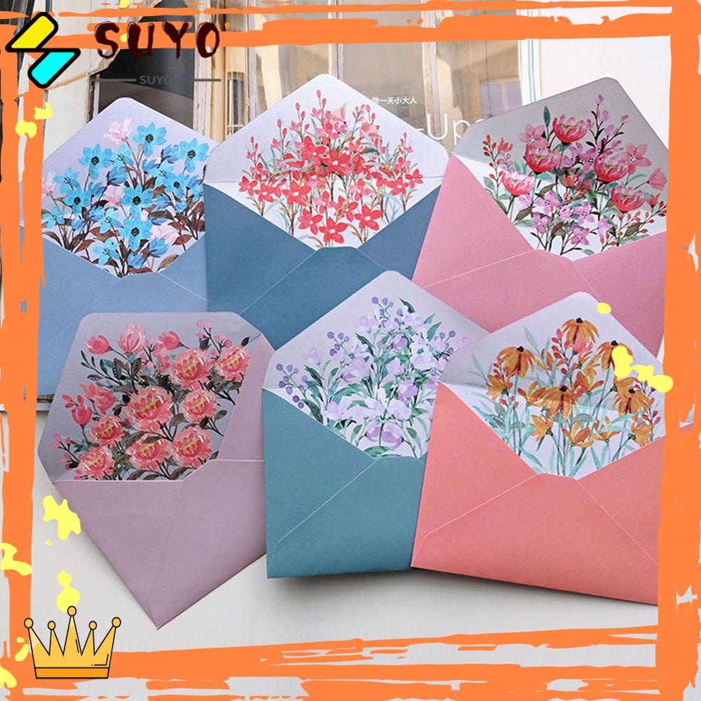 Suyo 6PCS/Set Amplop Surat Set Hadiah Kartu Undangan Ucapan Kantor Sekolah Motif Bunga