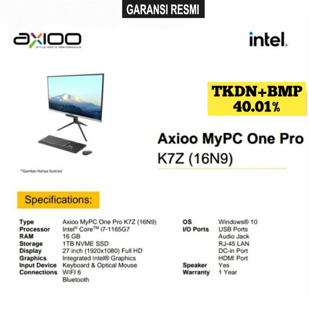 PC AIO AXIOO MYPC ONE PRO K7Z (16N9) i7 RAM 16GB 1TB 27&quot;FHD(4K) TKDN GARANSI RESMI