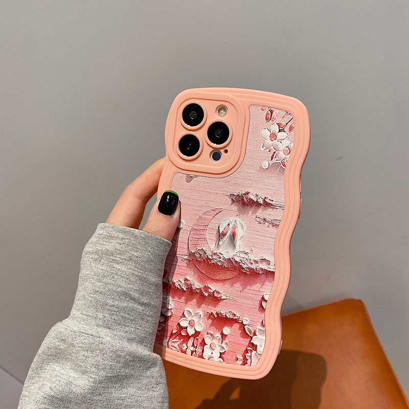 Cute Oil Painting Moon Bunny Soft Case iP iPhone 7 8 Plus SE 2020 X XR XS Max 11 12 13 14 Pro Max FTD Pink Wave Casing Apple