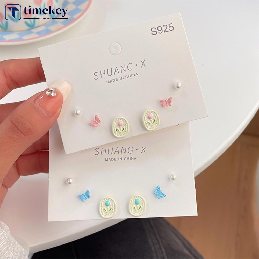 Timekey 6pcs/set Niche Sederhana Tulip Anting Pink Biru Alloy Ear Studs Earrings Halus Perhiasan Aksesoris Untuk Wanita S5U9