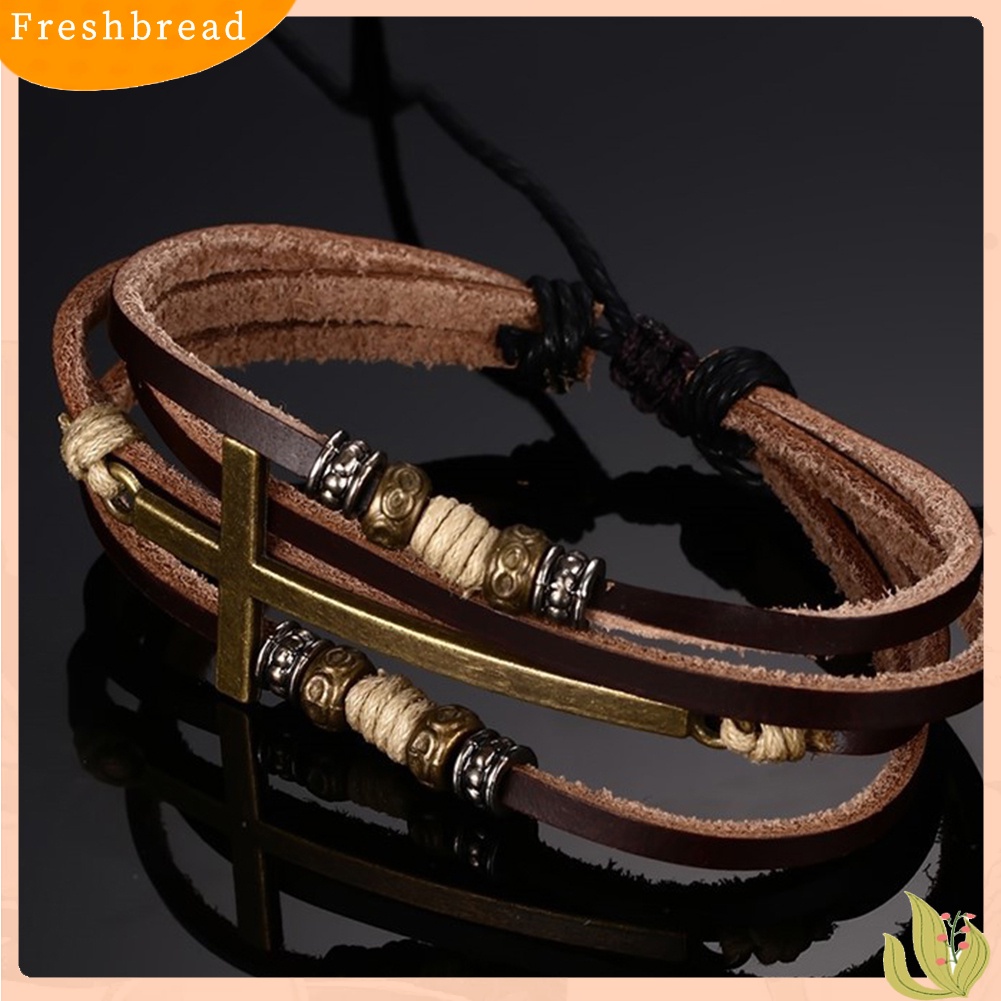 &lt; Freshbread &gt; Retro Faux Kulit Gelang Salib Bangle Wanita Pria Perhiasan Tali Adjustable Rantai