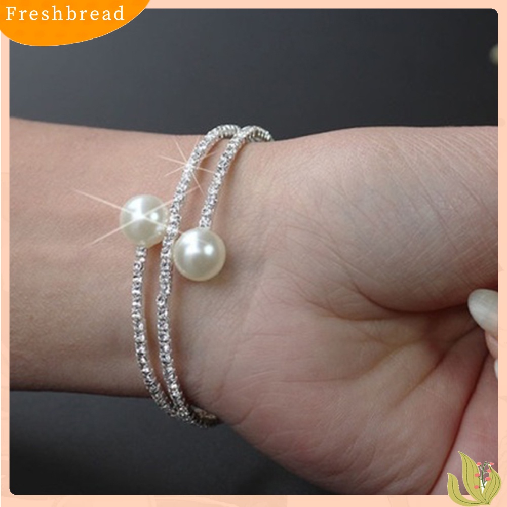 &lt; Freshbread &gt; Wanita Penuh Berlian Imitasi Multi-layer Gelang Pergelangan Tangan Mutiara Imitasi Cuff Open Bangle