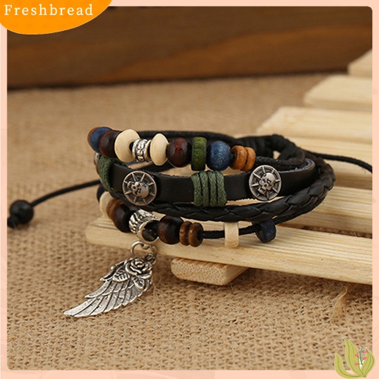 &lt; Freshbread &gt; Unisex Vintage Multilayer Faux Leather Wing Charm Wooden Beads Gelang Bangle