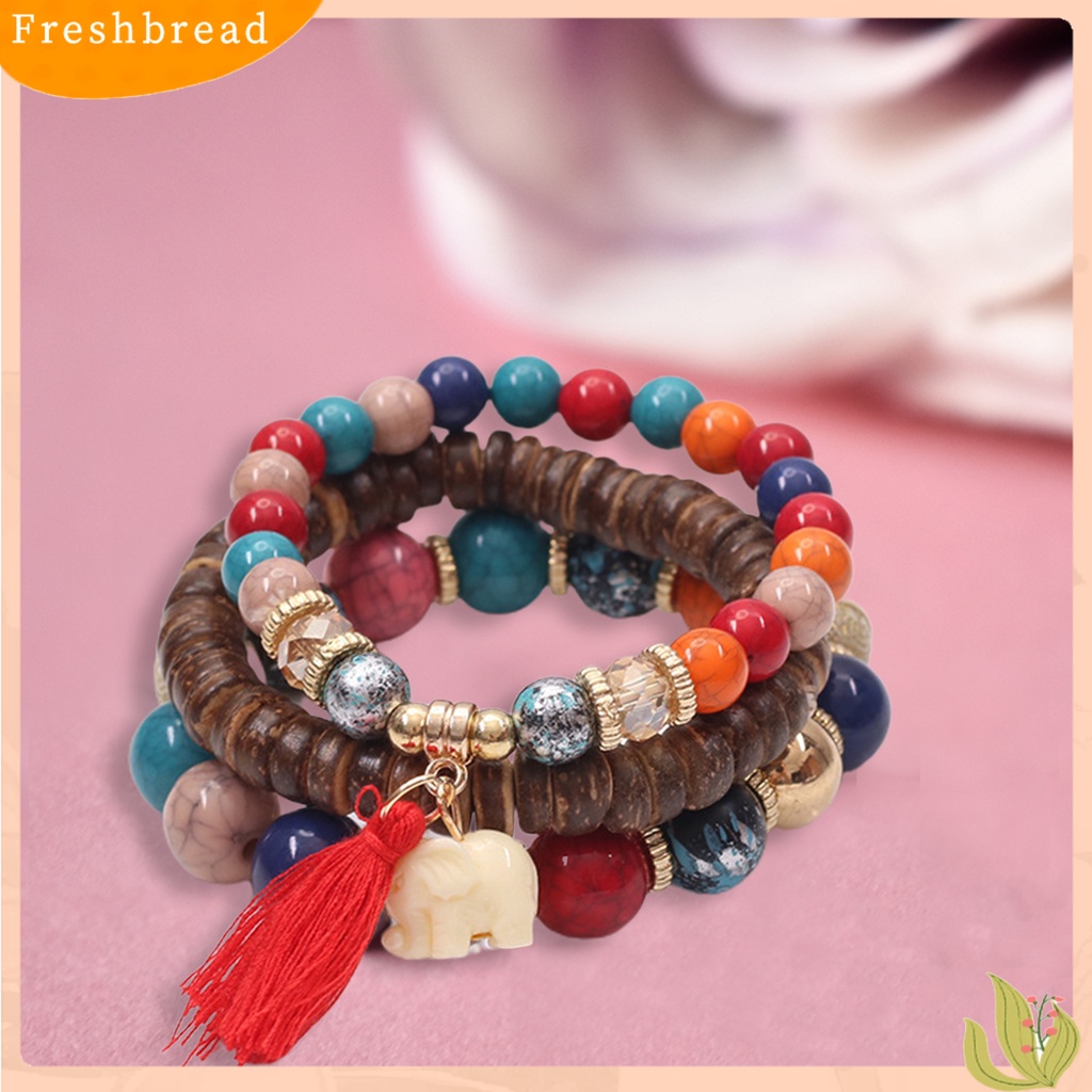 &lt; Freshbread &gt; 3Pcs Manik-Manik Kayu Rumbai Kombinasi Resin Gelang Hadiah Perhiasan Aksesoris